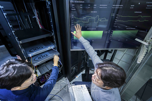 SKT와 QKD 제품 보유기업인 아이디퀀티크(IDQ) 구성원들이 QKD-PQC 하이브리드형 양자암호 제품을 테스트하고 있다. SKT 제공